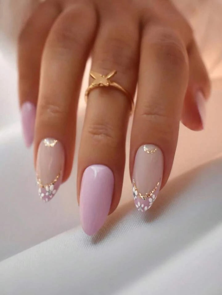 Fake Nails 24pcs Long Almond Pink Glitter Flower Print