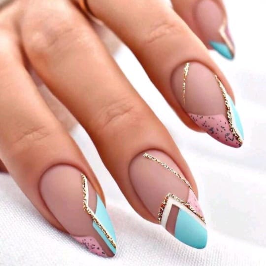 Fake nails Get Glamorous with 24pcs Long Almond Frosted Line Glitter French Style Fake Nail & 1pc Nail File & 1sheet Tape
