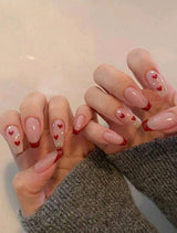 Fake Nails 24pcs Long Coffin French & Red Heart Pattern With With Rhinestones