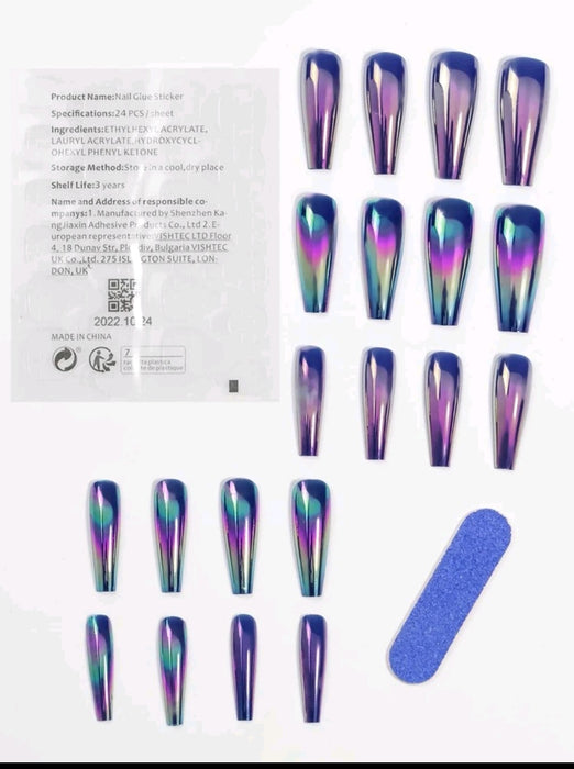 Fake Nails 20pcs Long Coffin Chameleon Metal Mirror Pigment Aurora Fake Nail & 1sheet Tape & 1pc Nail File
