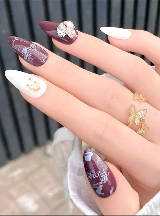 Fake Nails 24pcs Long Almond Letter Graphic Fake Nail & 1pc Nail File & 1sheet Tape
