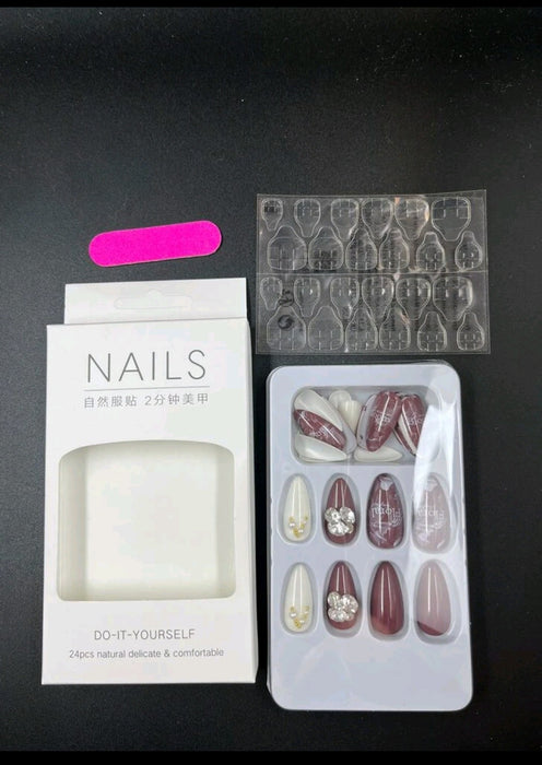 Fake Nails 24pcs Long Almond Letter Graphic Fake Nail & 1pc Nail File & 1sheet Tape