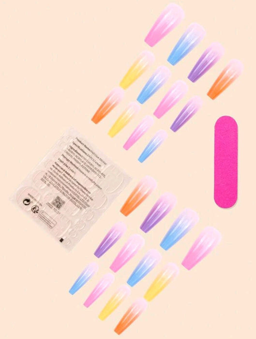Fake Nails 24pcs Extra Long Coffin Iridescent Gradient Fake Nail & 1pc Nail File & 1sheet Tape