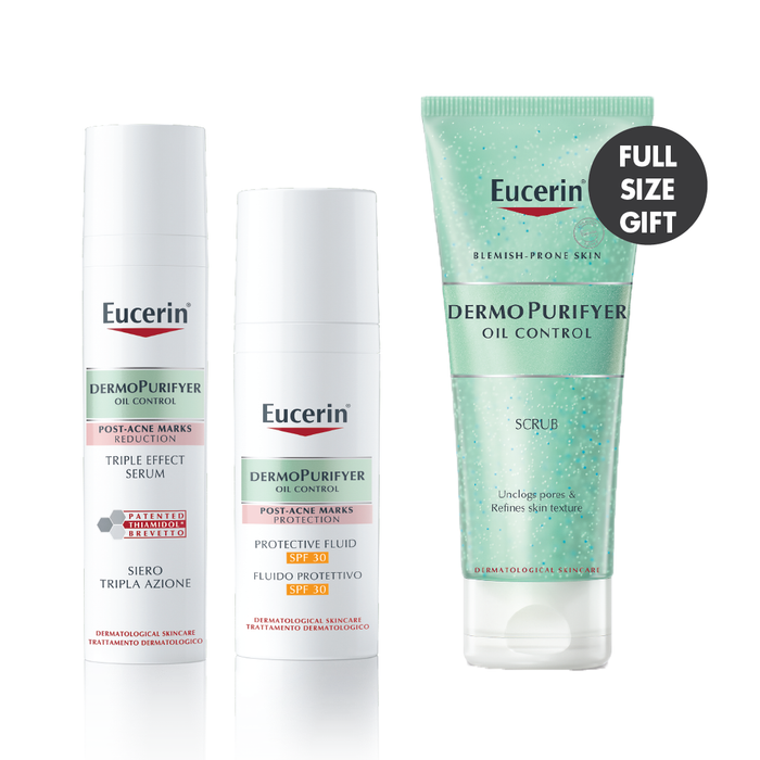 Eucerin Dermopurifyer Triple Effect Serum 40 ML + Protective Fluid 50 ML + Gift: Oil Control Scrub 100 ML